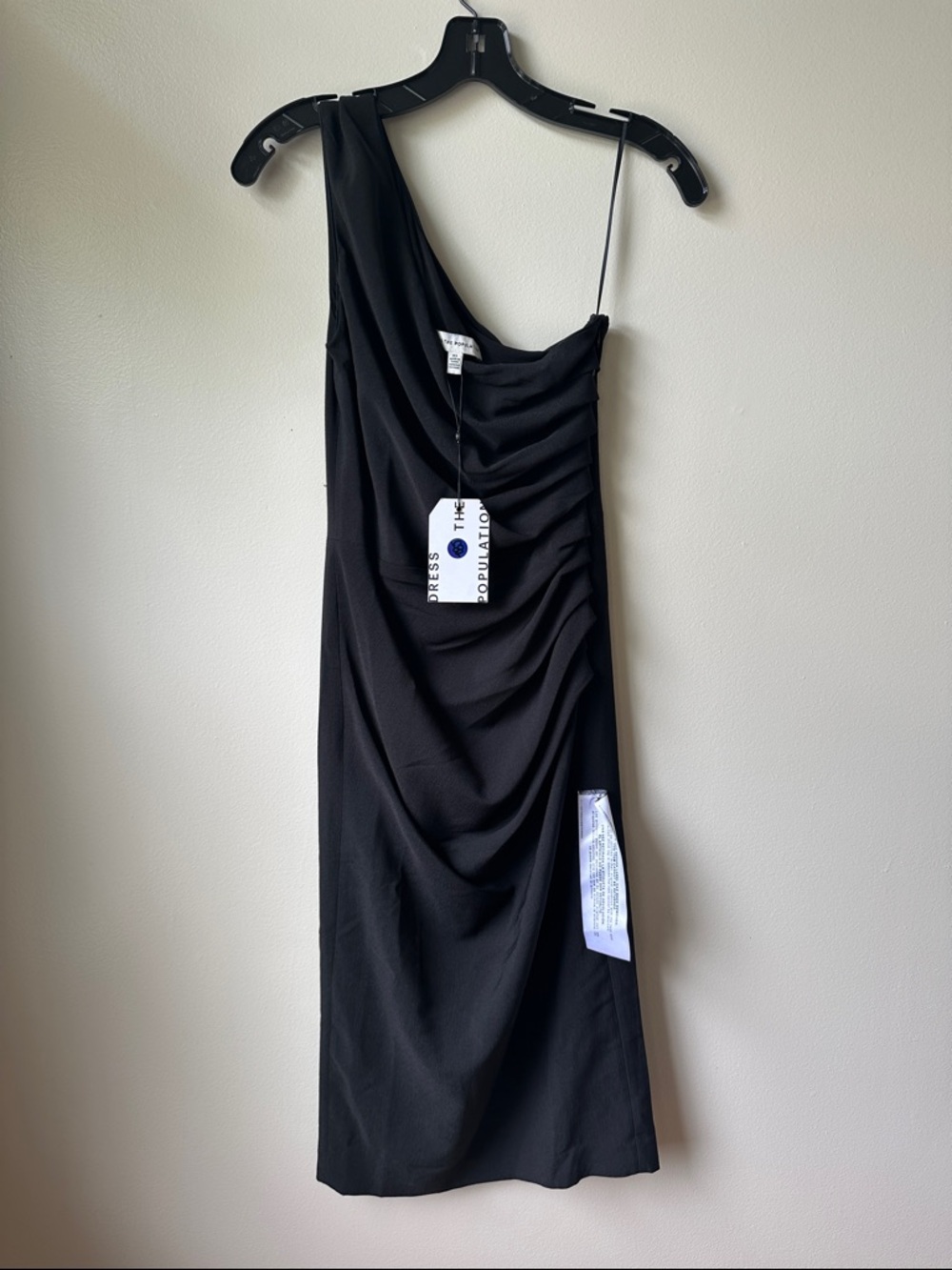 Dress the Population Black One-Shoulder Draped Midi Dress -Sz XS